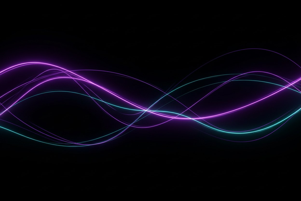 Ondas de luz neón violeta y cian sobre fondo negro