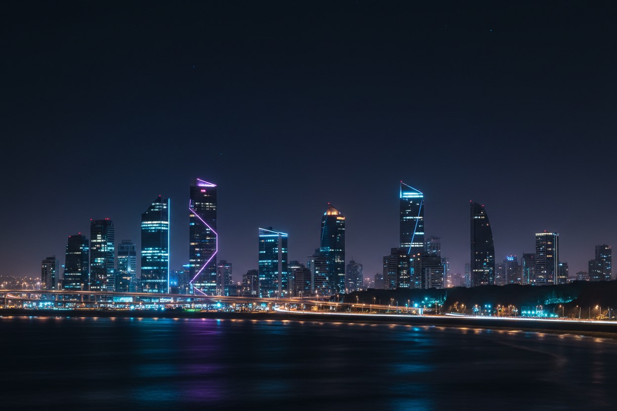 Horizonte de Lima de noche iluminado con luces frías de neón